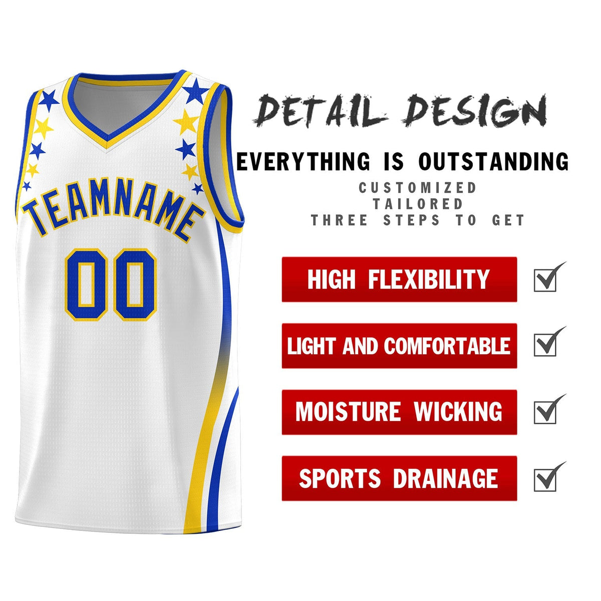 Custom White Shoulders Star Pattern Side Color Block Sports Uniform Basketball Kits