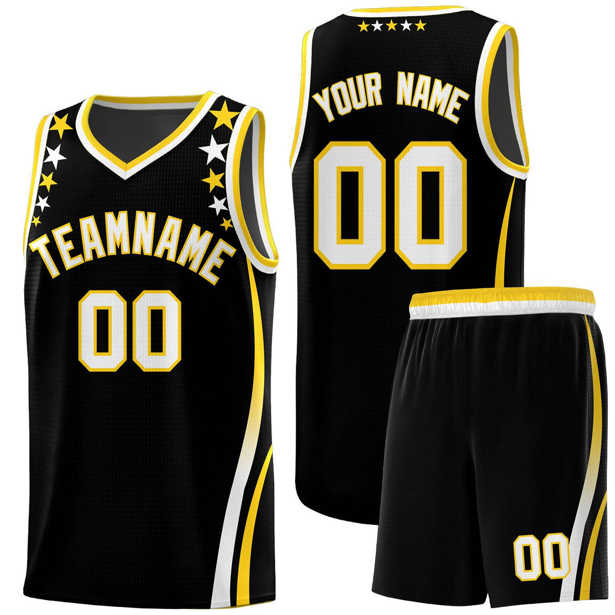 Custom Black Shoulders Star Pattern Side Color Block Sports Uniform Basketball Kits