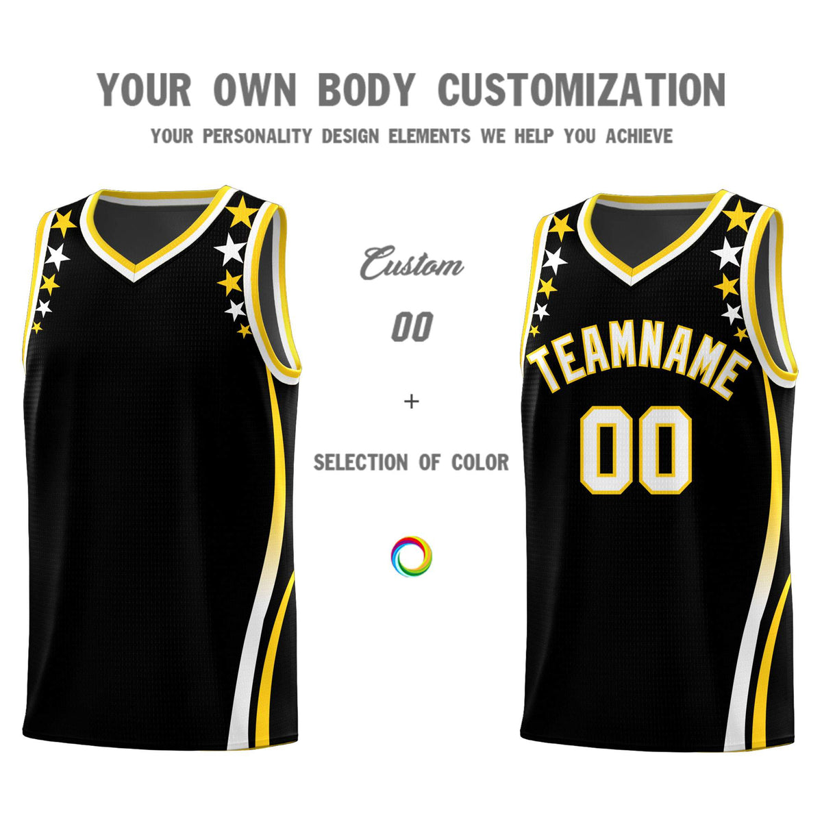 Custom Black Shoulders Star Pattern Side Color Block Sports Uniform Basketball Kits
