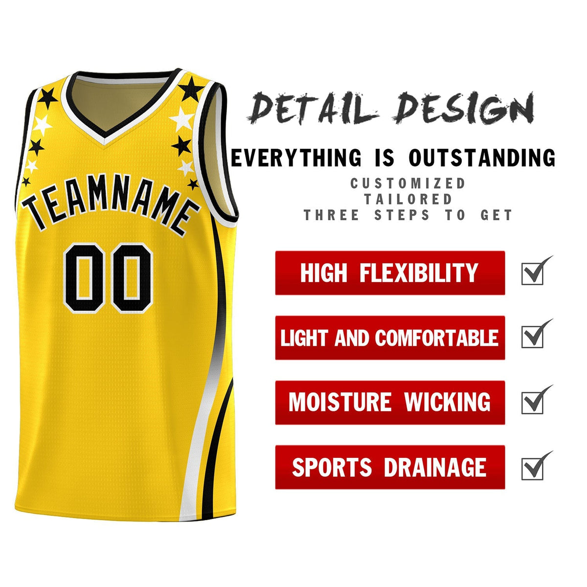 Custom Gold Shoulders Star Pattern Side Color Block Sports Uniform Basketball Kits