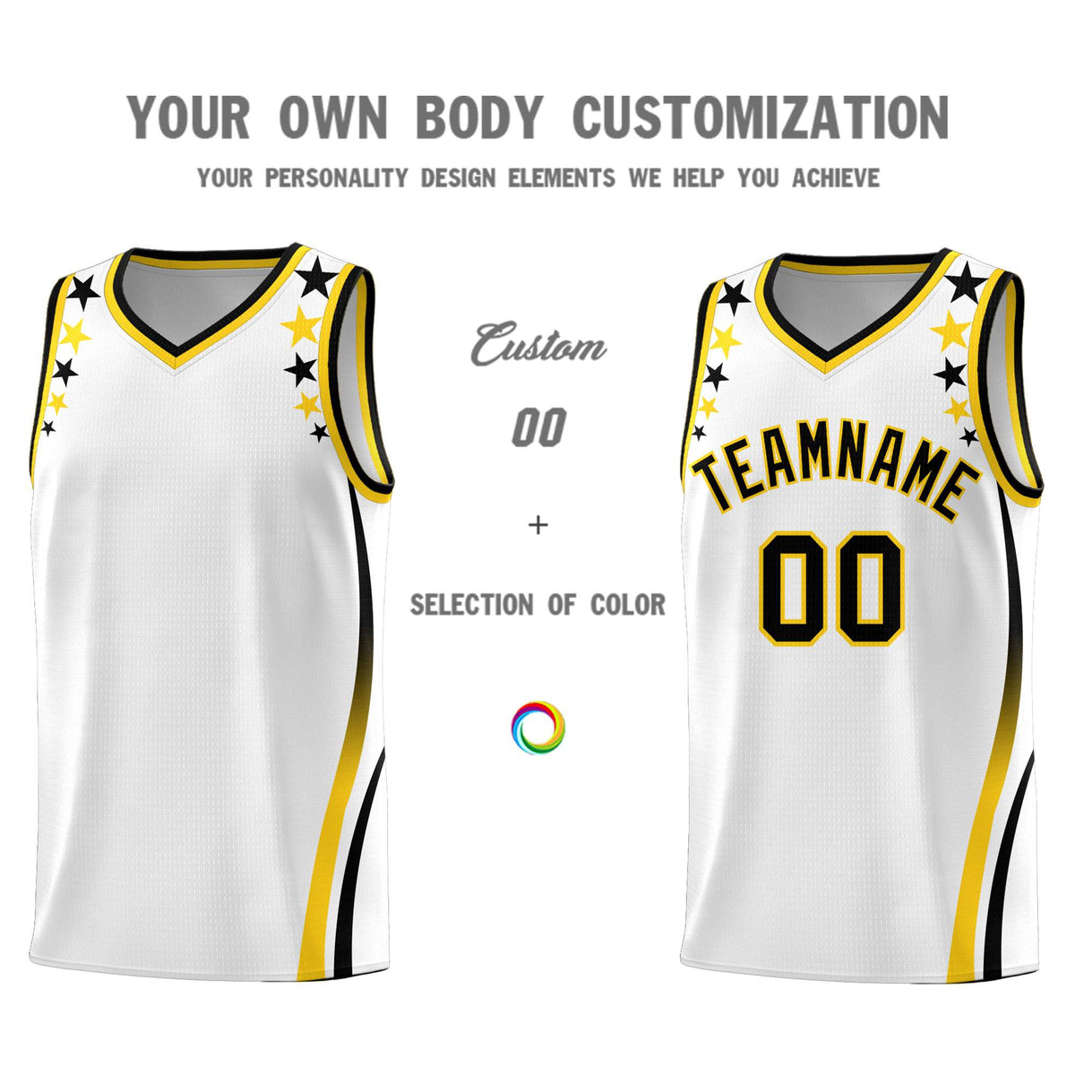 Custom White Shoulders Star Pattern Side Color Block Sports Uniform Basketball Kits
