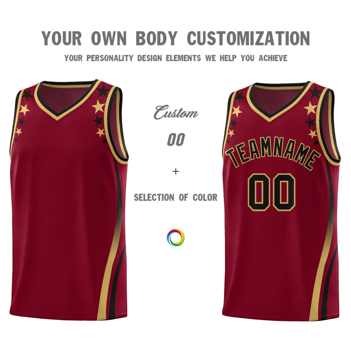 Custom Crimson Shoulders Star Pattern Side Color Block Sports Uniform Basketball Kits