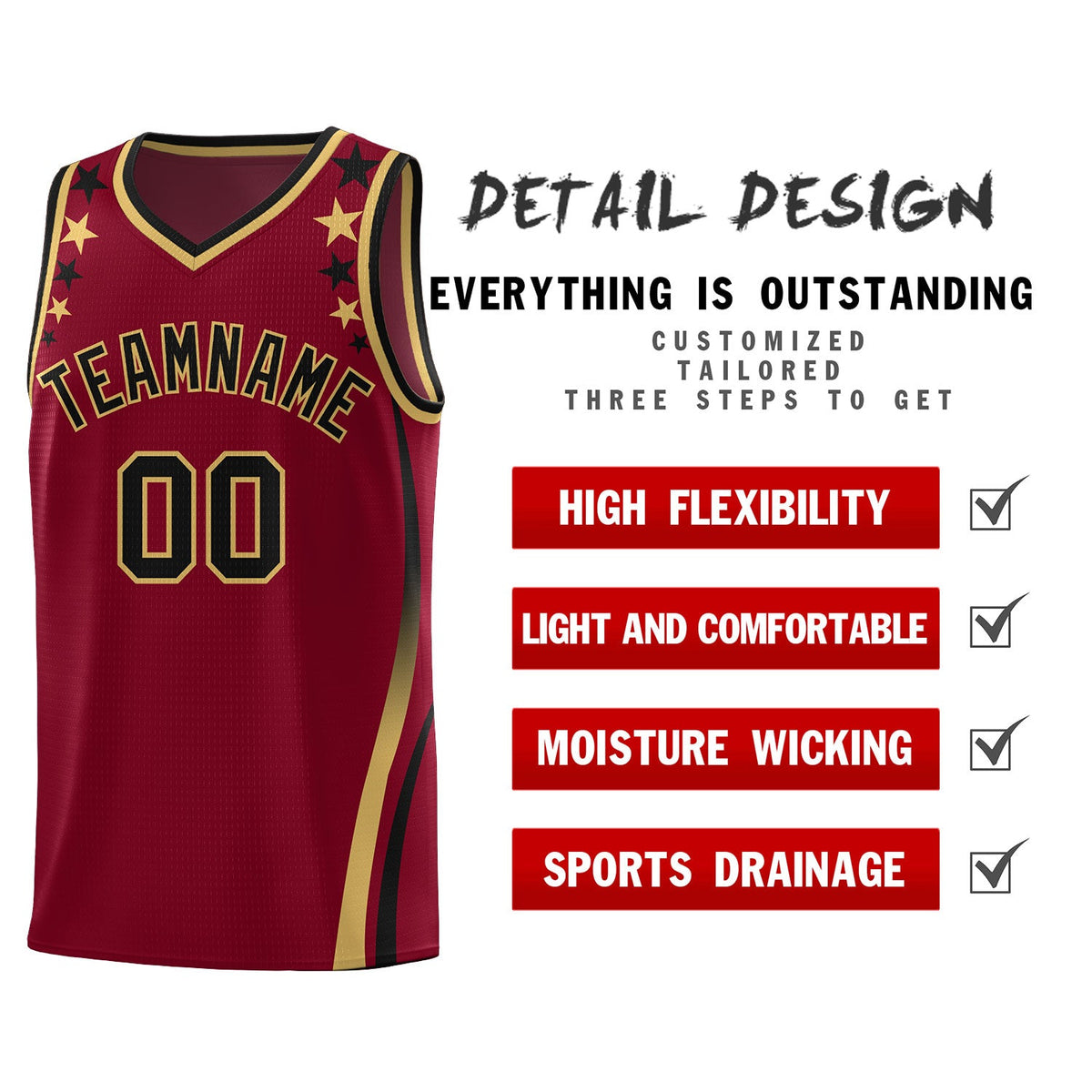 Custom Crimson Shoulders Star Pattern Side Color Block Sports Uniform Basketball Kits
