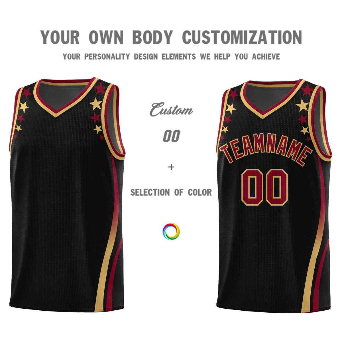 Custom Black Shoulders Star Pattern Side Color Block Sports Uniform Basketball Kits
