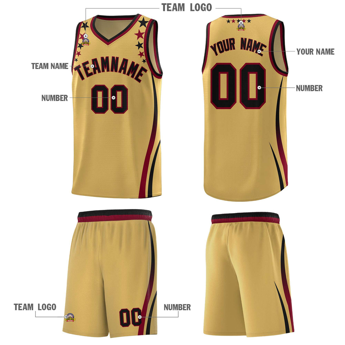 Custom Old Gold Shoulders Star Pattern Side Color Block Sports Uniform Basketball Kits