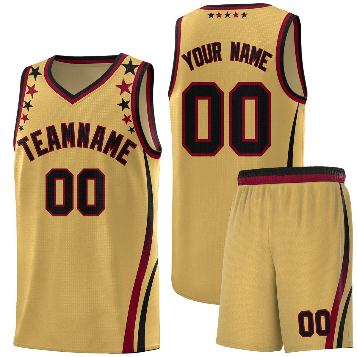 Custom Old Gold Shoulders Star Pattern Side Color Block Sports Uniform Basketball Kits