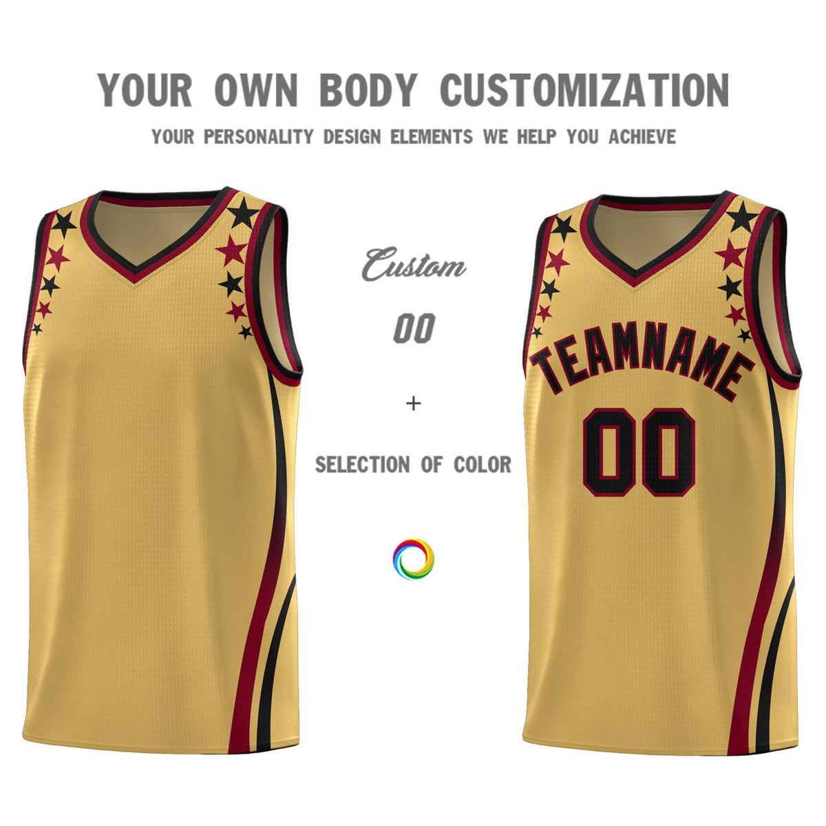 Custom Old Gold Shoulders Star Pattern Side Color Block Sports Uniform Basketball Kits