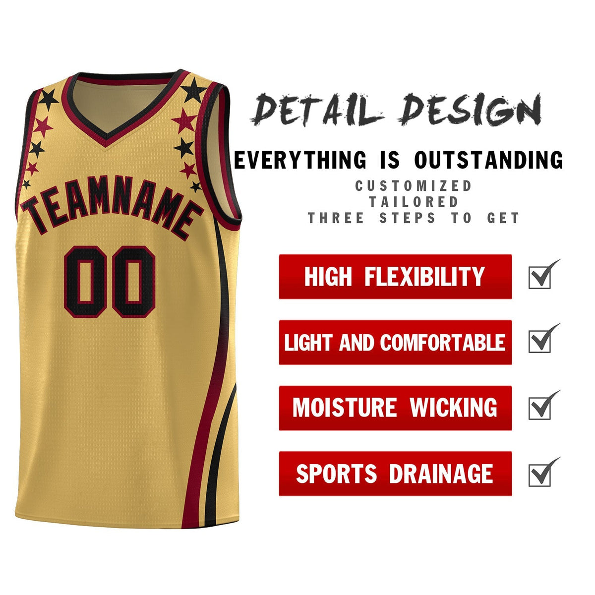 Custom Old Gold Shoulders Star Pattern Side Color Block Sports Uniform Basketball Kits