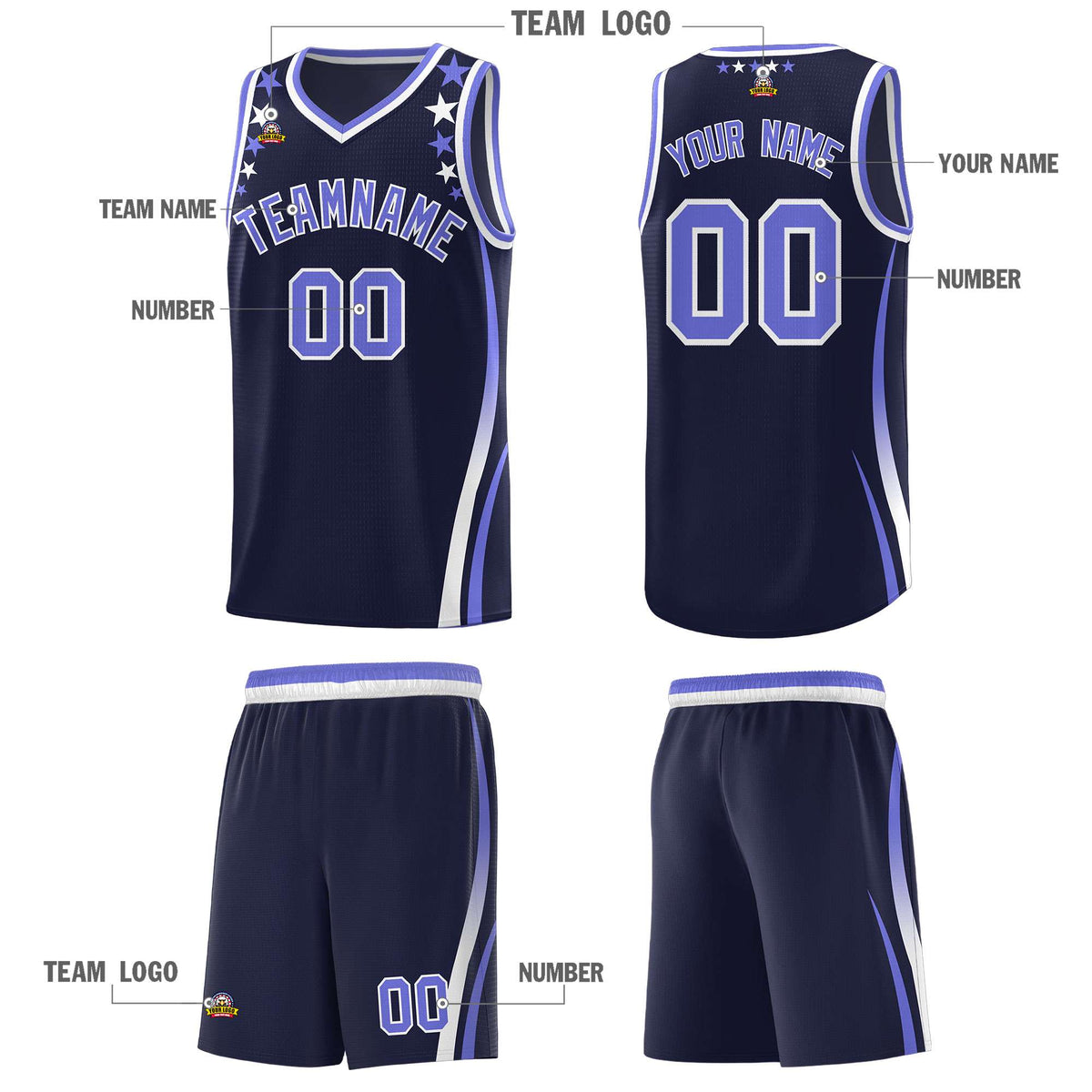 Custom Navy Shoulders Star Pattern Side Color Block Sports Uniform Basketball Kits