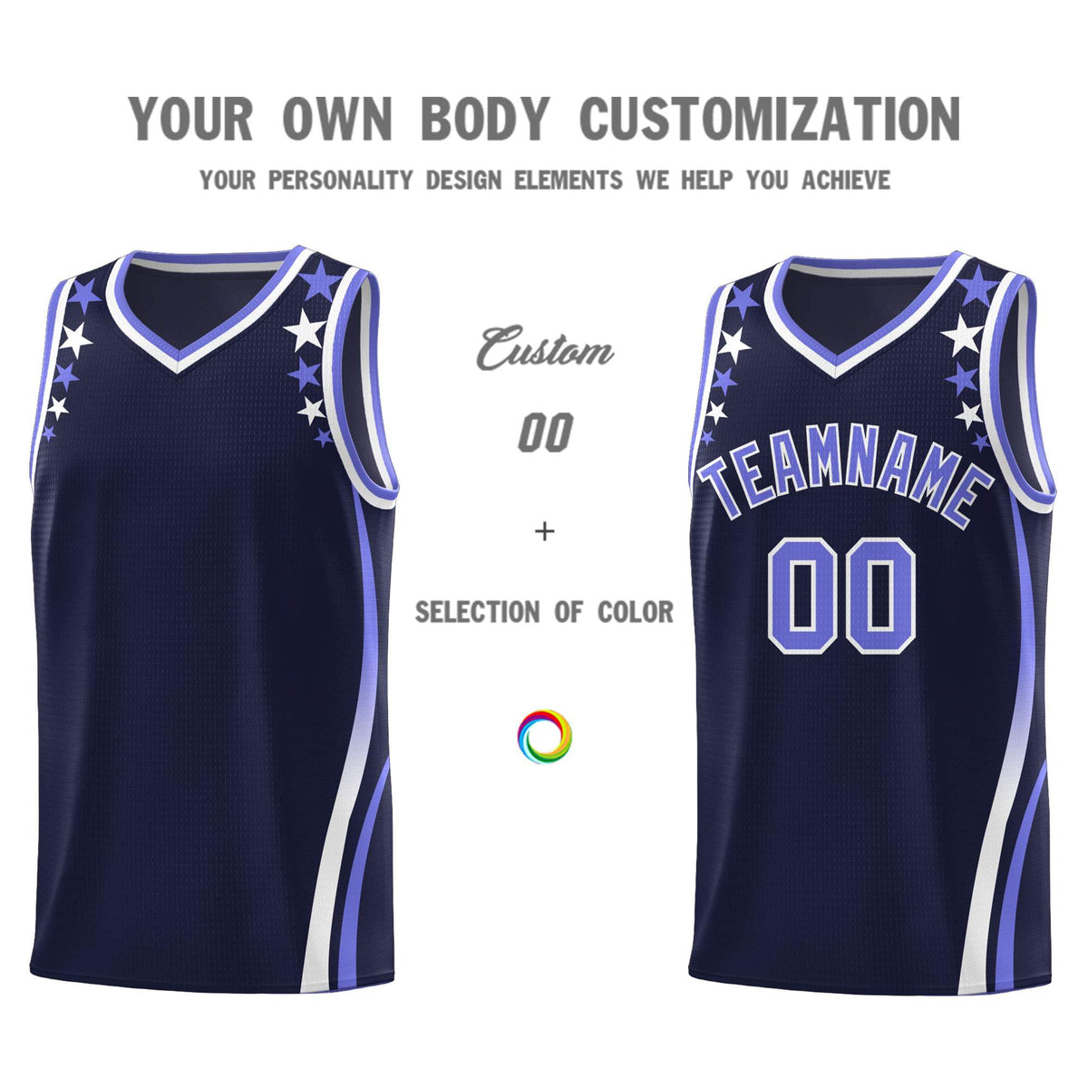 Custom Navy Shoulders Star Pattern Side Color Block Sports Uniform Basketball Kits