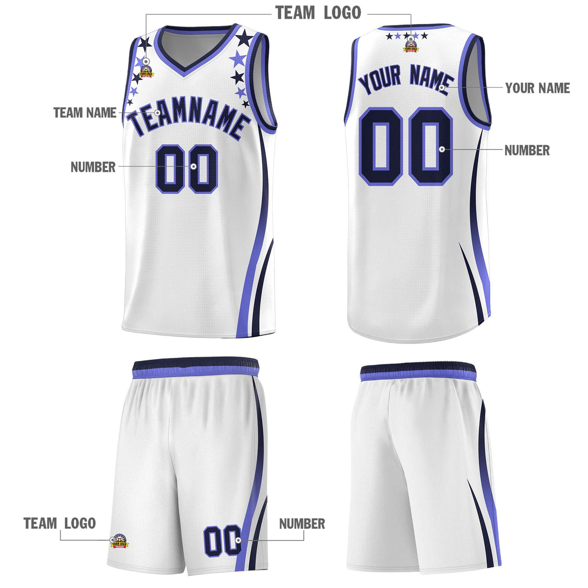 Custom White Shoulders Star Pattern Side Color Block Sports Uniform Basketball Kits