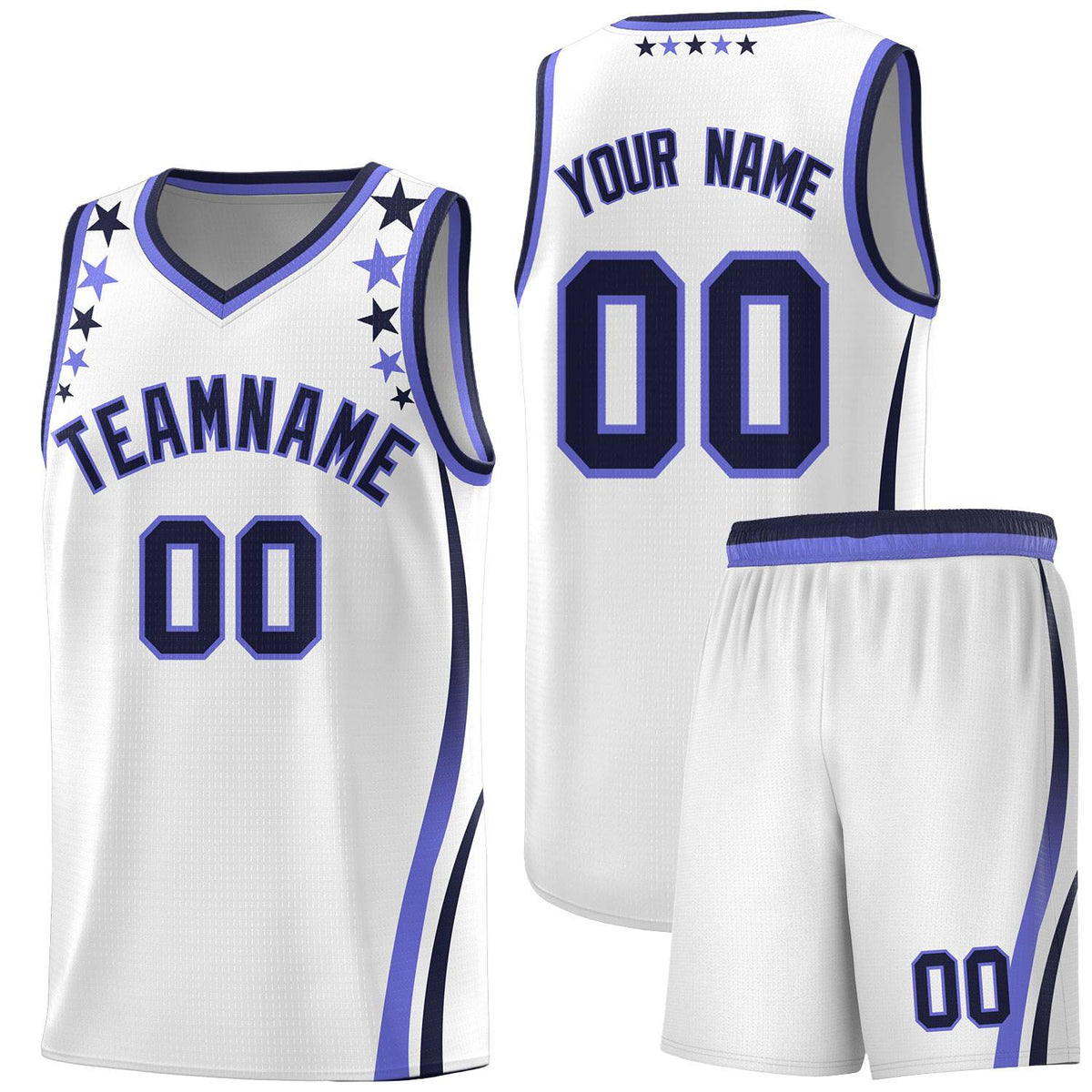 Custom White Shoulders Star Pattern Side Color Block Sports Uniform Basketball Kits