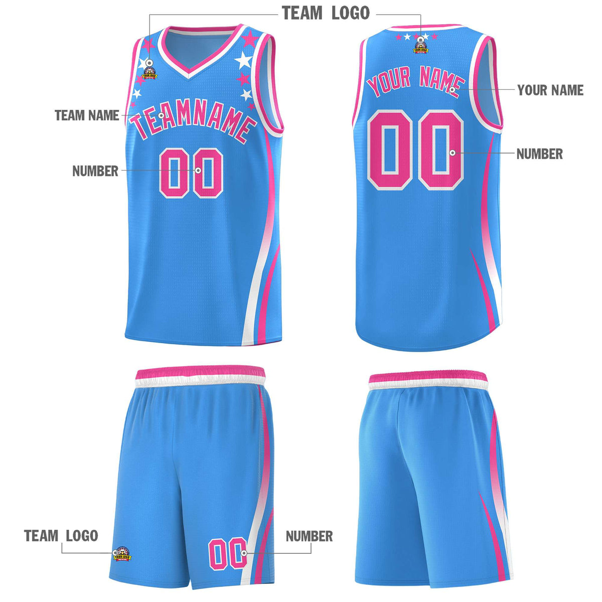 Custom Light Blue Shoulders Star Pattern Side Color Block Sports Uniform Basketball Kits
