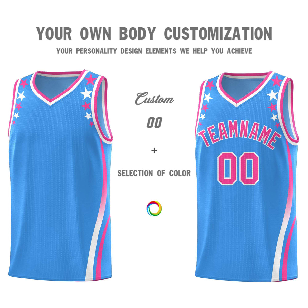 Custom Light Blue Shoulders Star Pattern Side Color Block Sports Uniform Basketball Kits