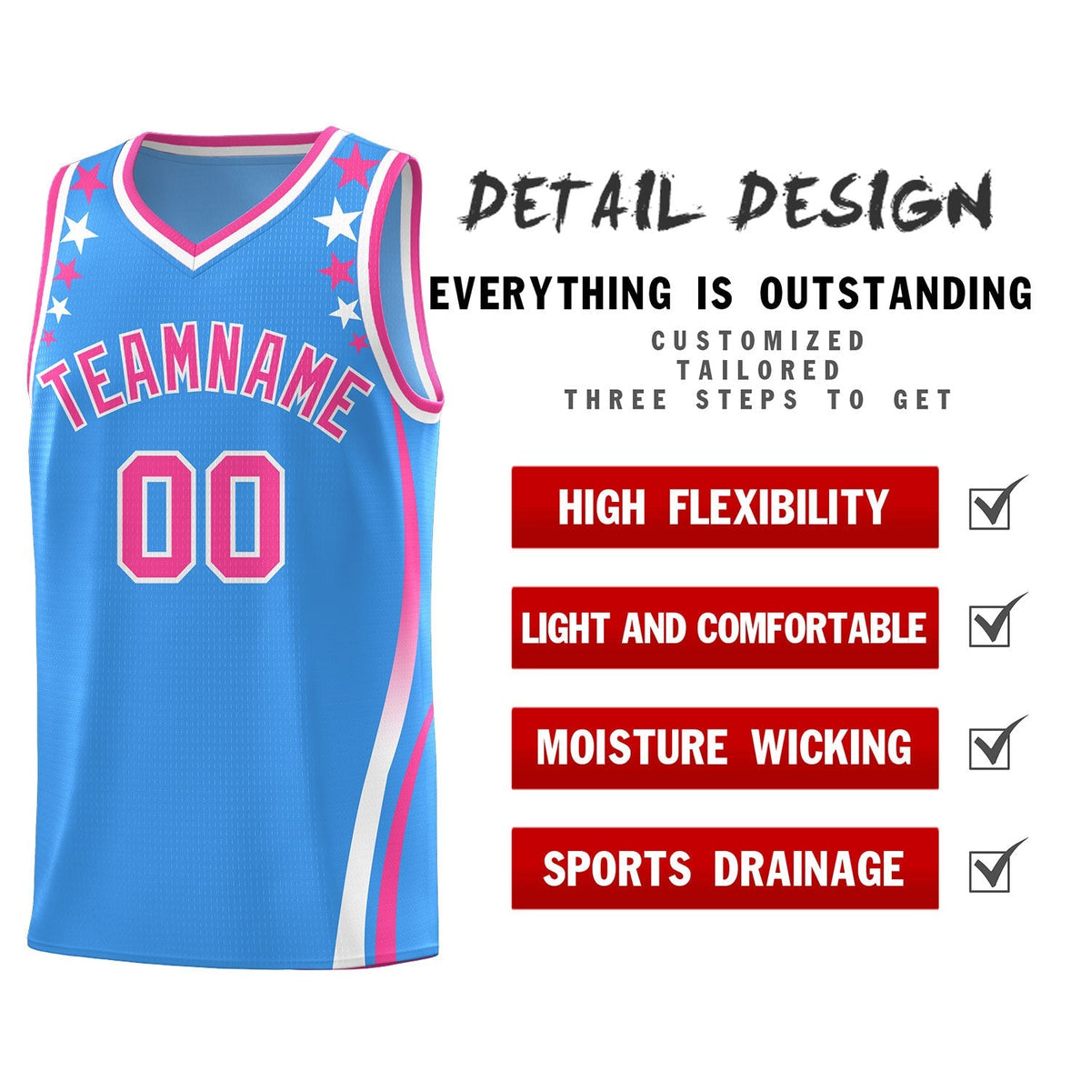 Custom Light Blue Shoulders Star Pattern Side Color Block Sports Uniform Basketball Kits