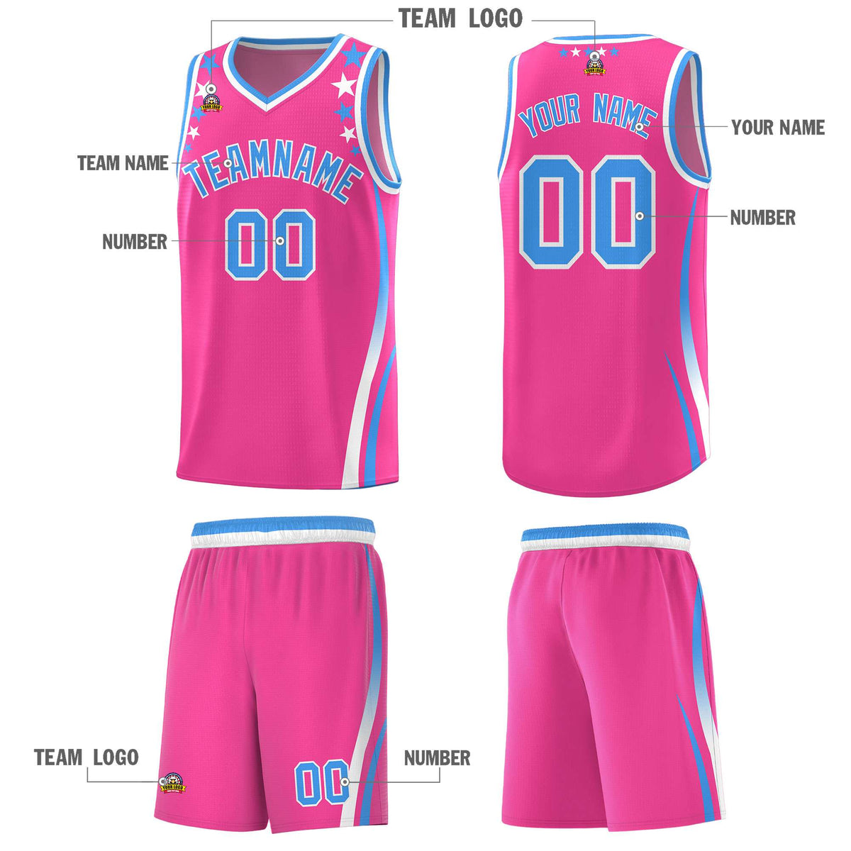 Custom Pink Shoulders Star Pattern Side Color Block Sports Uniform Basketball Kits