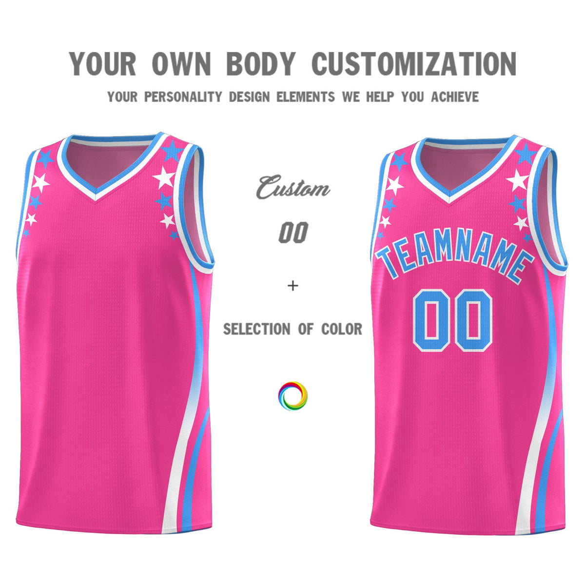 Custom Pink Shoulders Star Pattern Side Color Block Sports Uniform Basketball Kits