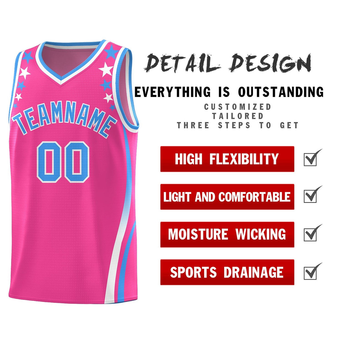 Custom Pink Shoulders Star Pattern Side Color Block Sports Uniform Basketball Kits