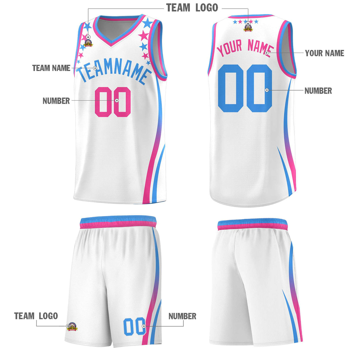 Custom White Shoulders Star Pattern Side Color Block Sports Uniform Basketball Kits