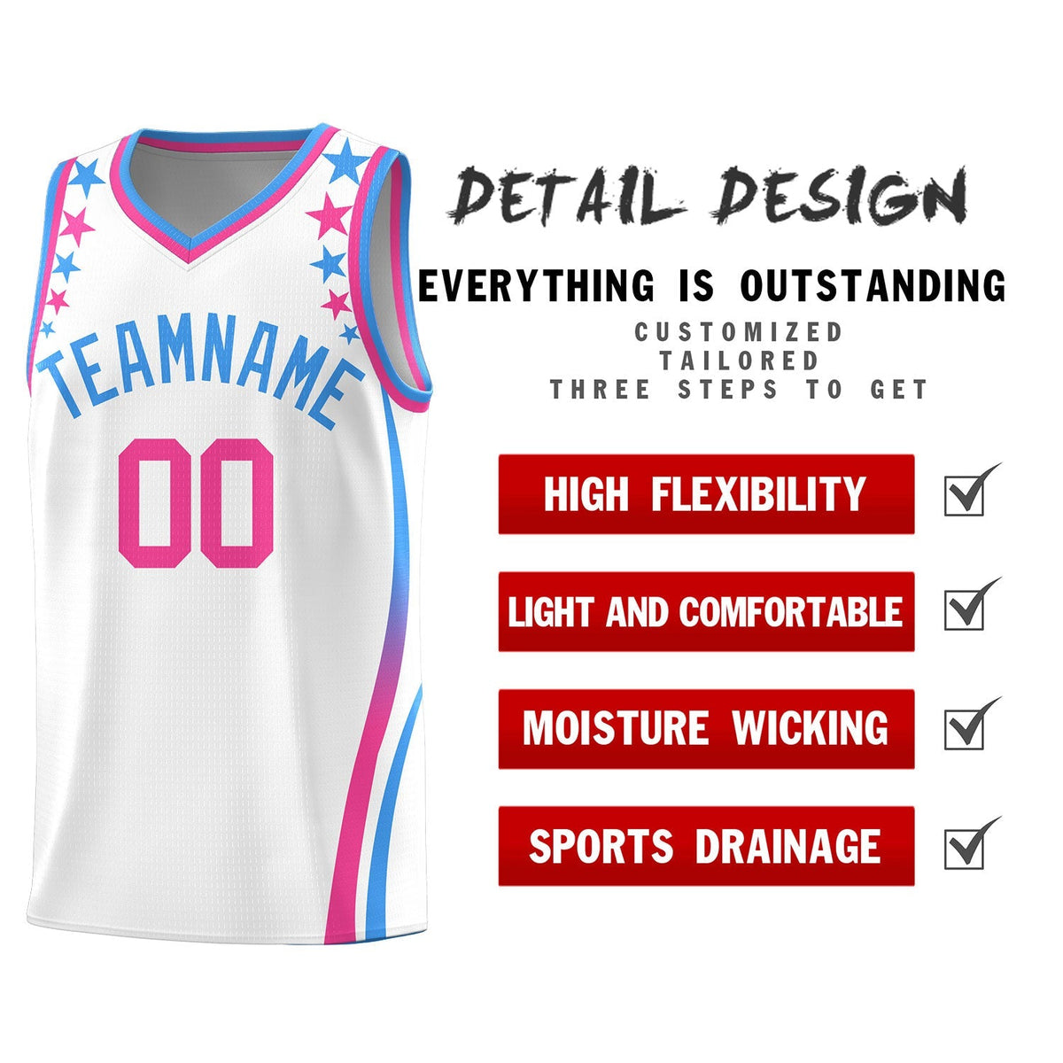 Custom White Shoulders Star Pattern Side Color Block Sports Uniform Basketball Kits