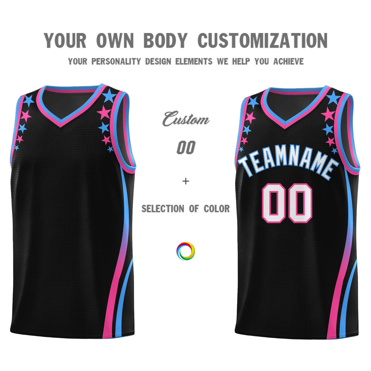 Custom Black Shoulders Star Pattern Side Color Block Sports Uniform Basketball Kits