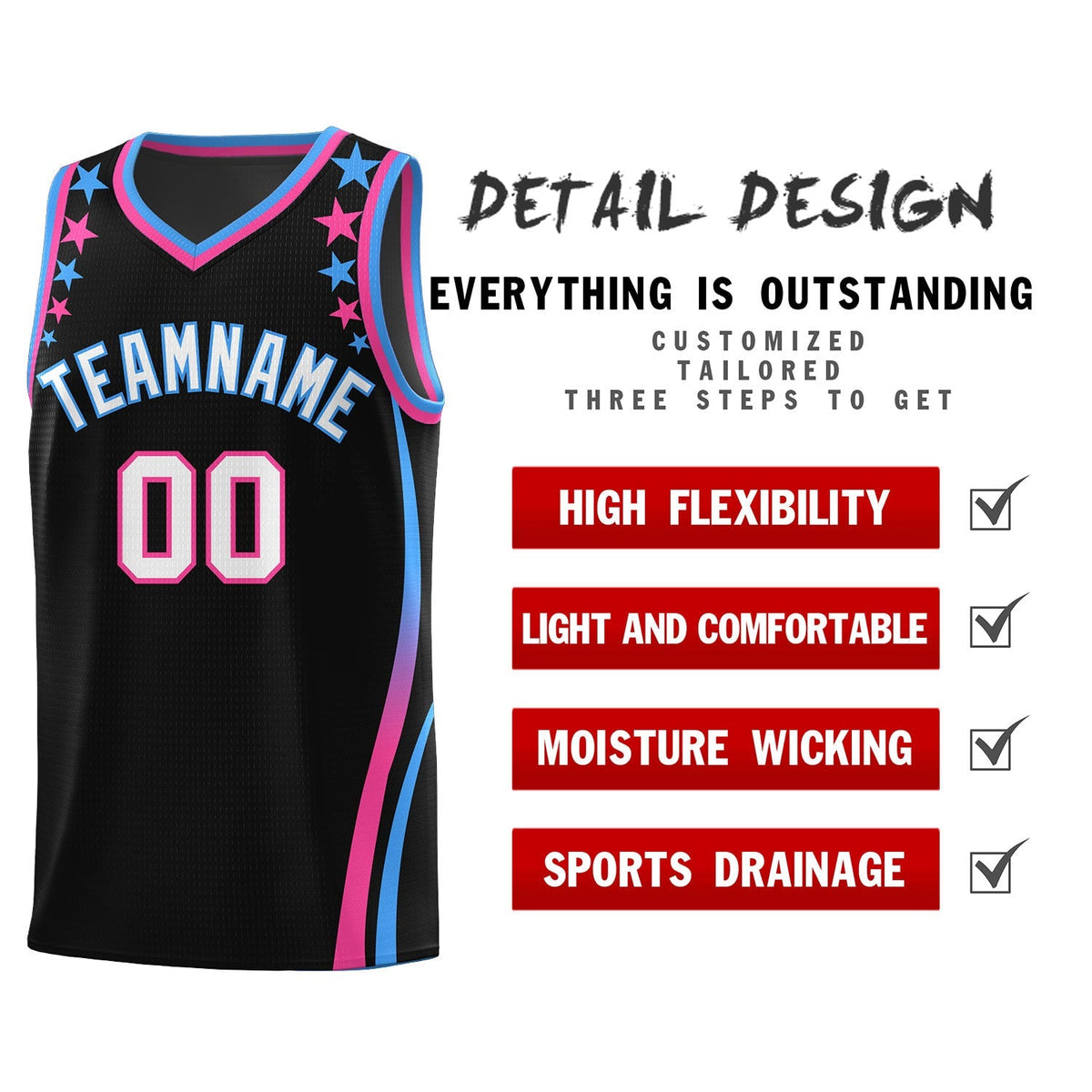 Custom Black Shoulders Star Pattern Side Color Block Sports Uniform Basketball Kits