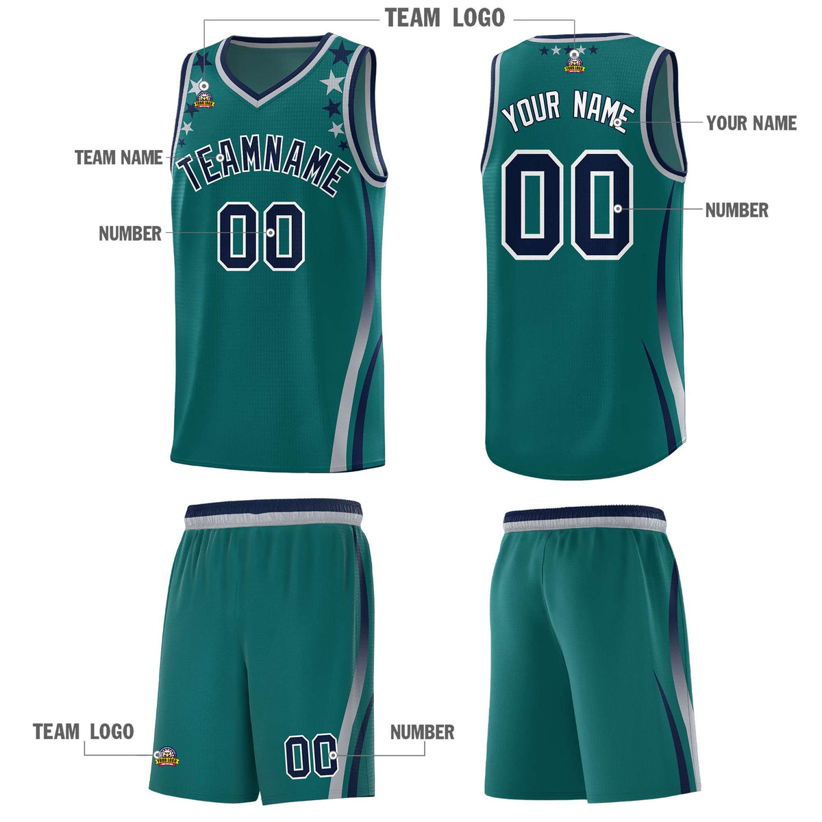 Custom Aqua Shoulders Star Pattern Side Color Block Sports Uniform Basketball Kits