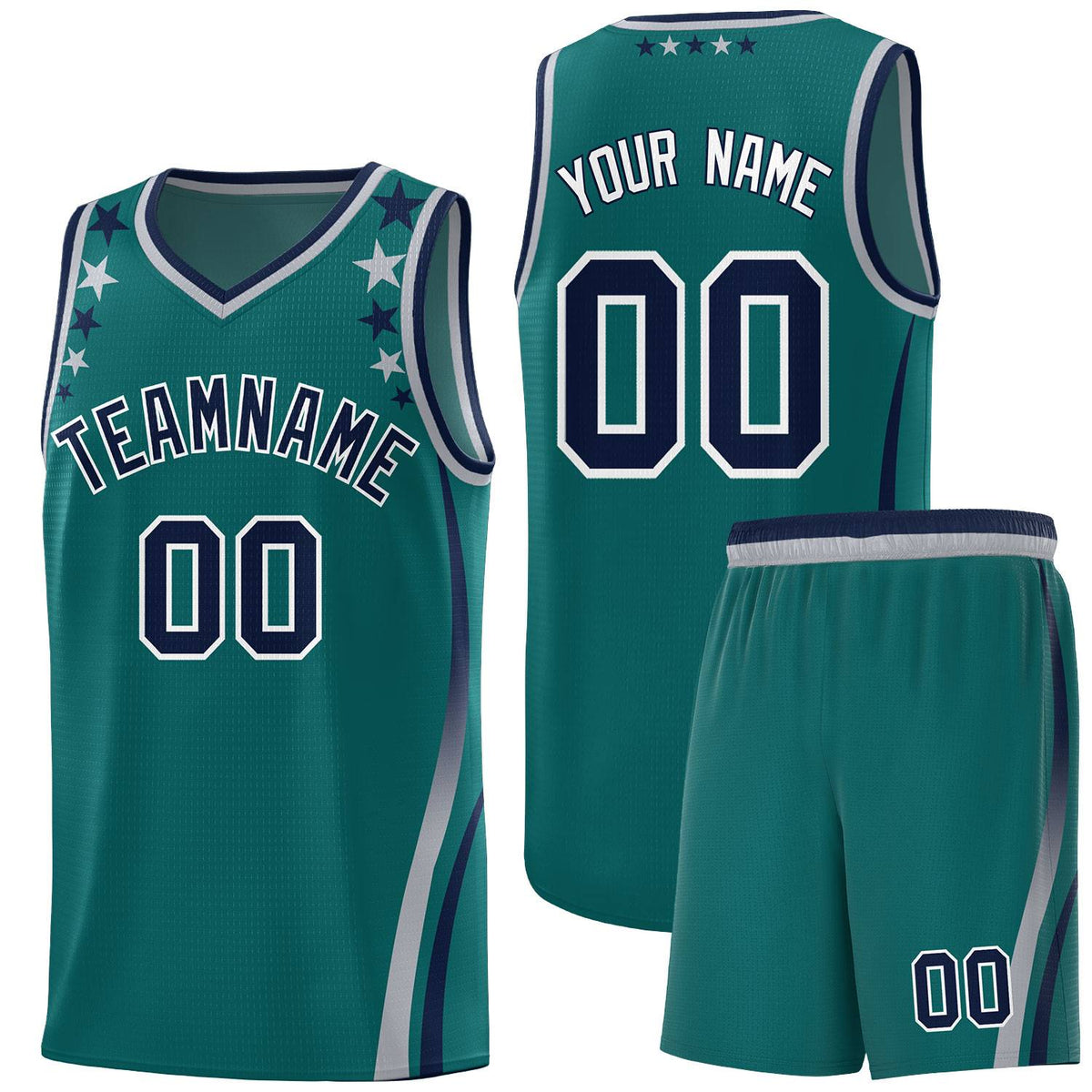 Custom Aqua Shoulders Star Pattern Side Color Block Sports Uniform Basketball Kits