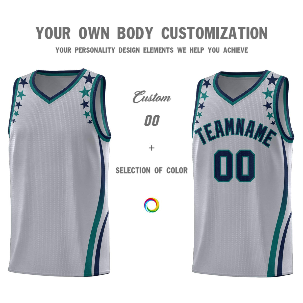 Custom Gray Shoulders Star Pattern Side Color Block Sports Uniform Basketball Kits
