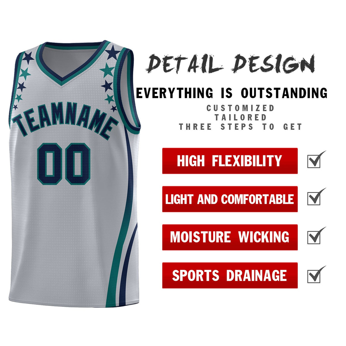 Custom Gray Shoulders Star Pattern Side Color Block Sports Uniform Basketball Kits