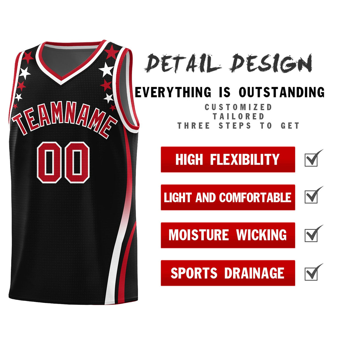 Custom Black Shoulders Star Pattern Side Color Block Sports Uniform Basketball Kits