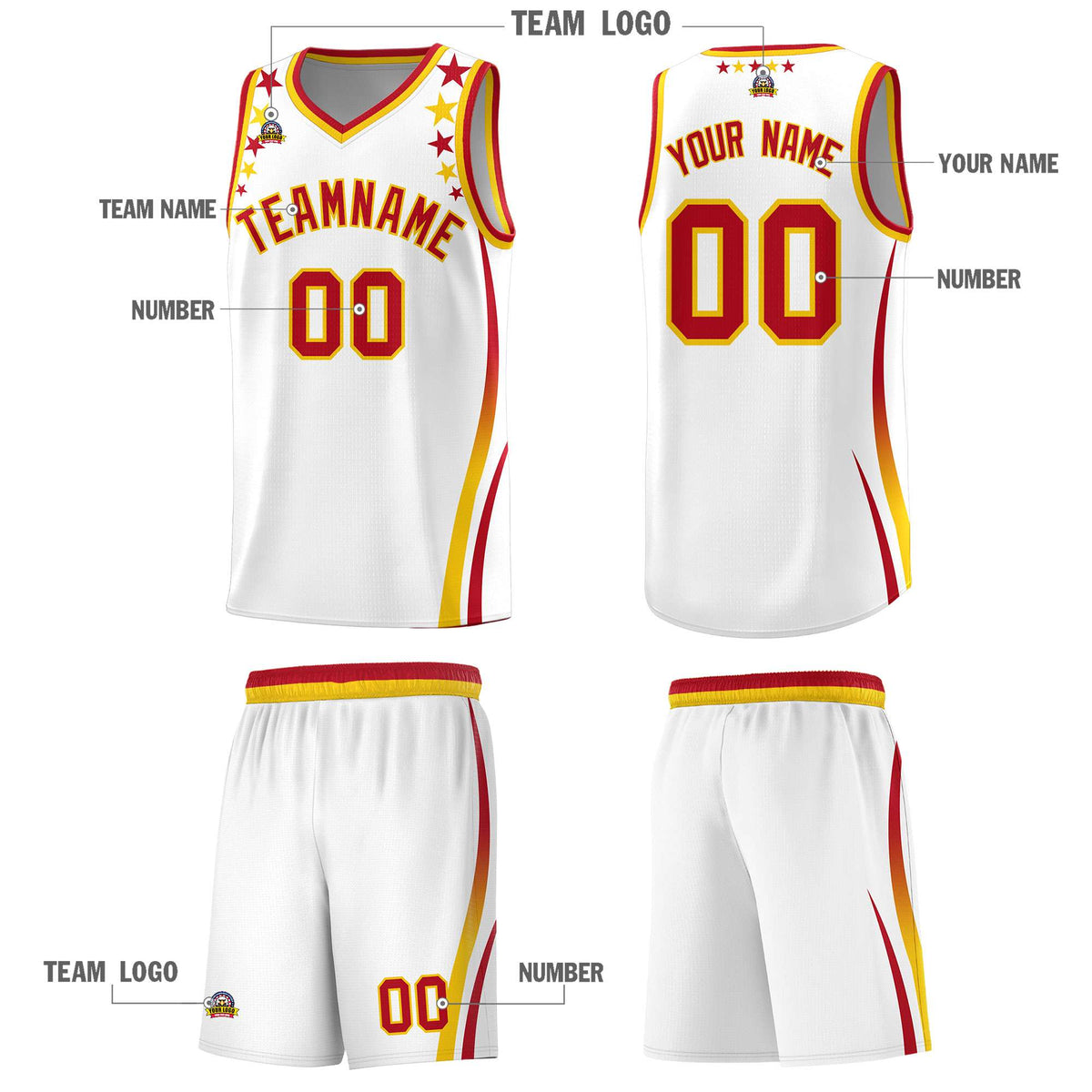 Custom White Shoulders Star Pattern Side Color Block Sports Uniform Basketball Kits