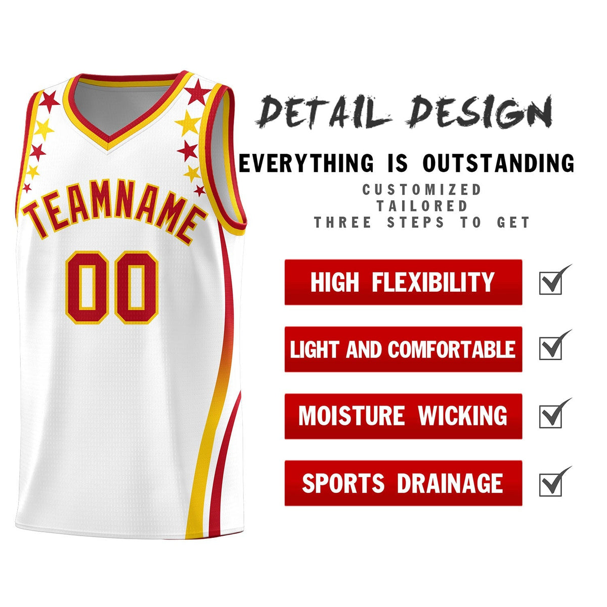 Custom White Shoulders Star Pattern Side Color Block Sports Uniform Basketball Kits