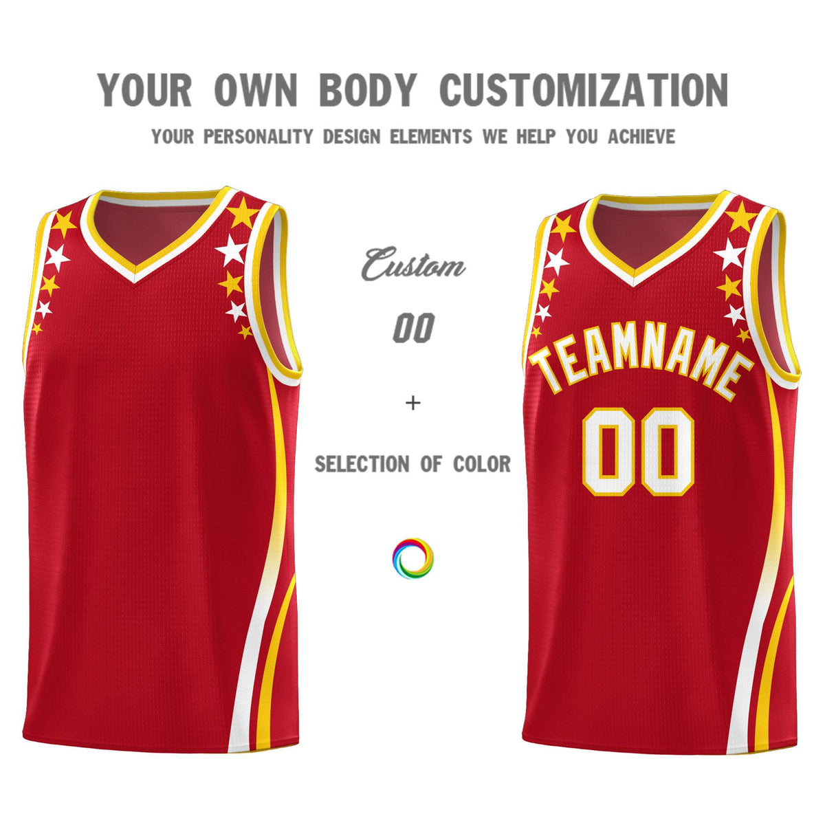 Custom Red Shoulders Star Pattern Side Color Block Sports Uniform Basketball Kits