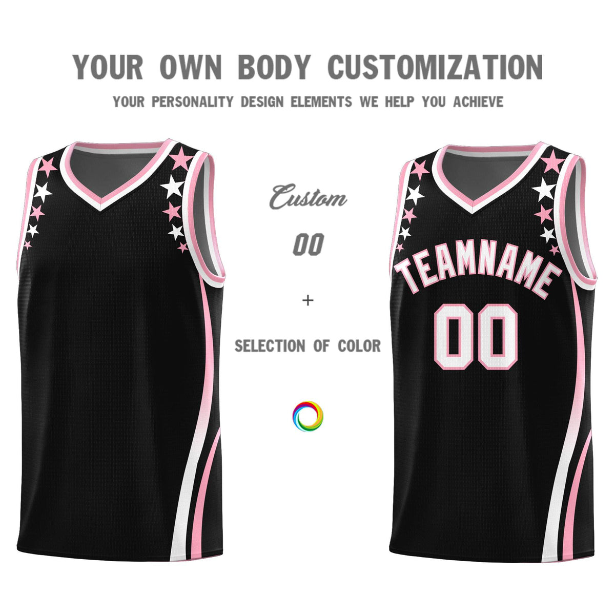 Custom Black Shoulders Star Pattern Side Color Block Sports Uniform Basketball Kits