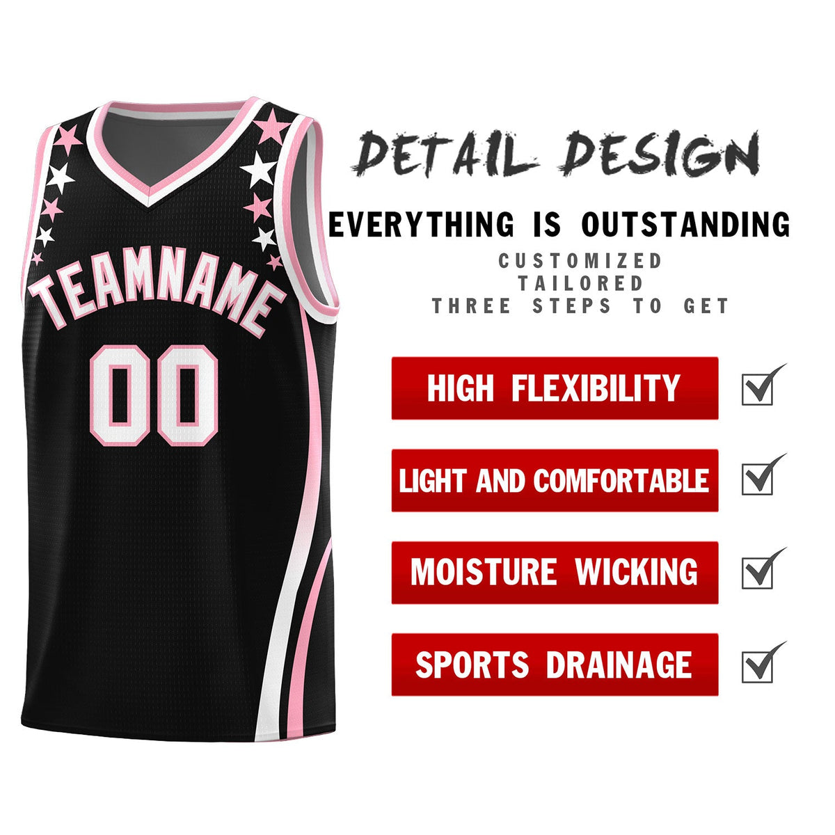 Custom Black Shoulders Star Pattern Side Color Block Sports Uniform Basketball Kits