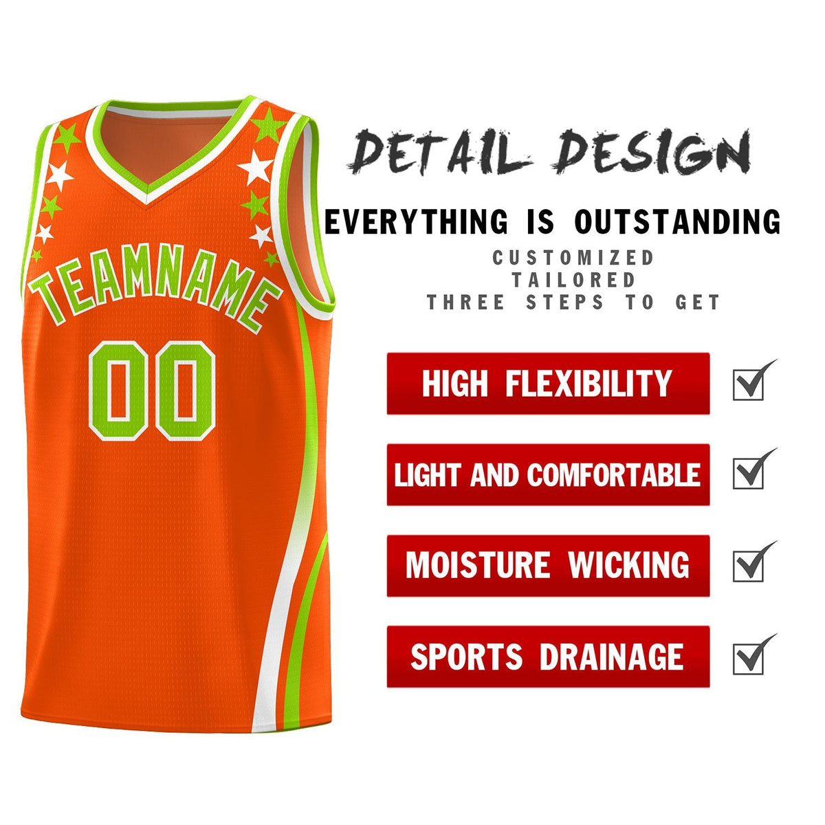 Custom Orange Shoulders Star Pattern Side Color Block Sports Uniform Basketball Kits