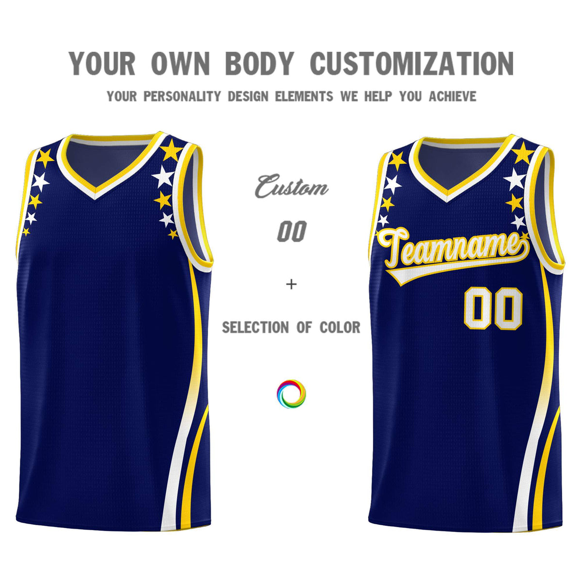 Custom Navy Shoulders Star Pattern Side Color Block Sports Uniform Basketball Kits