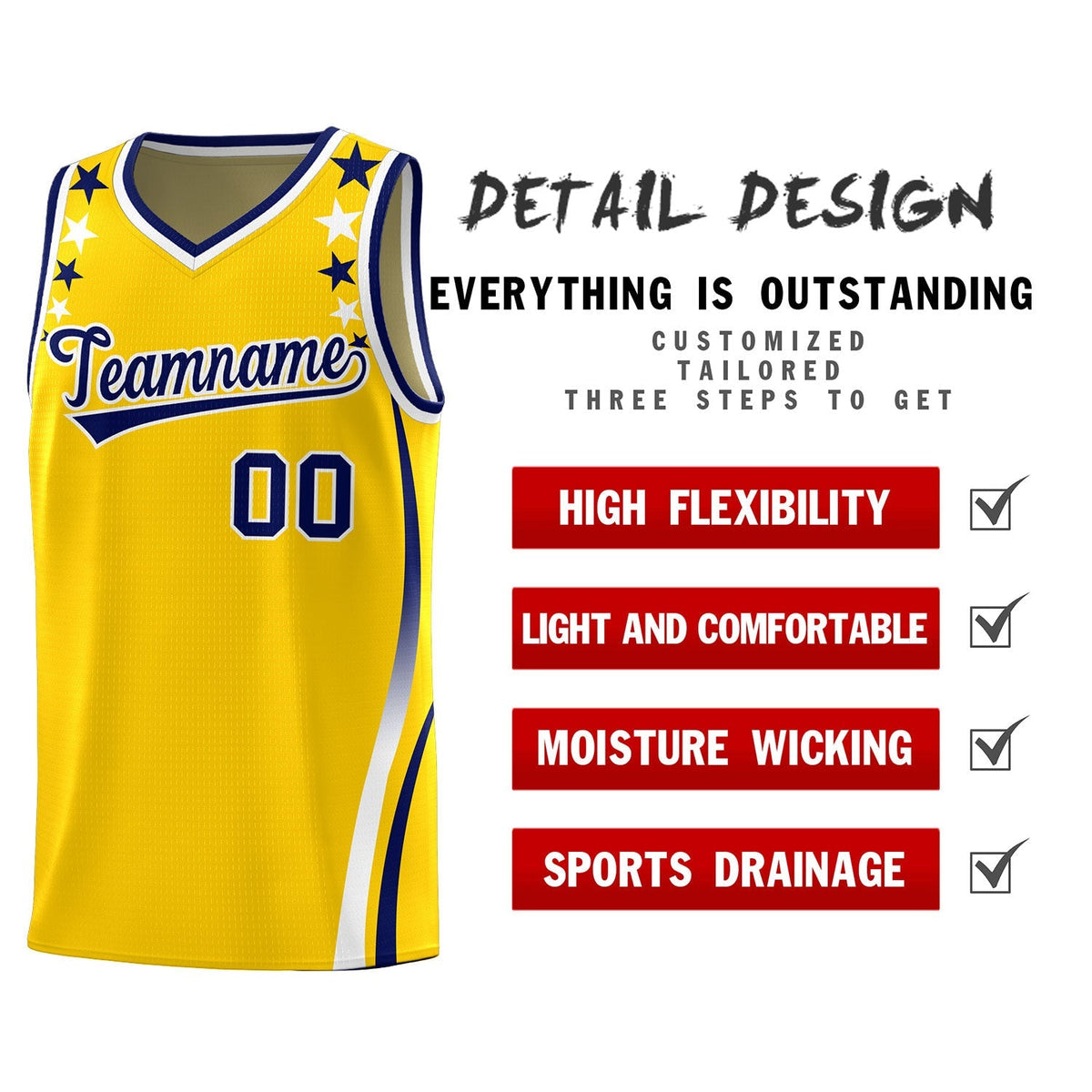 Custom Gold Shoulders Star Pattern Side Color Block Sports Uniform Basketball Kits