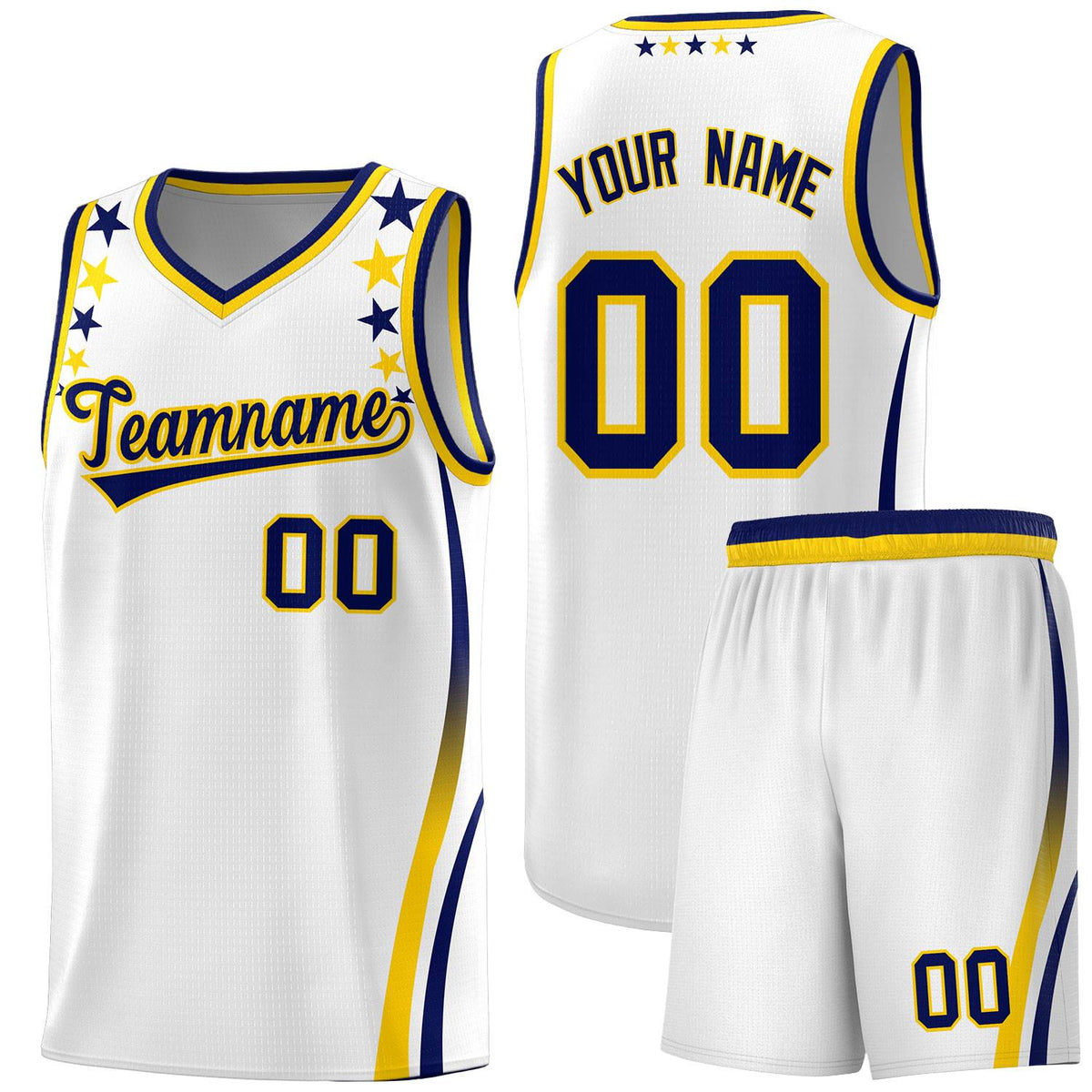 Custom White Shoulders Star Pattern Side Color Block Sports Uniform Basketball Kits