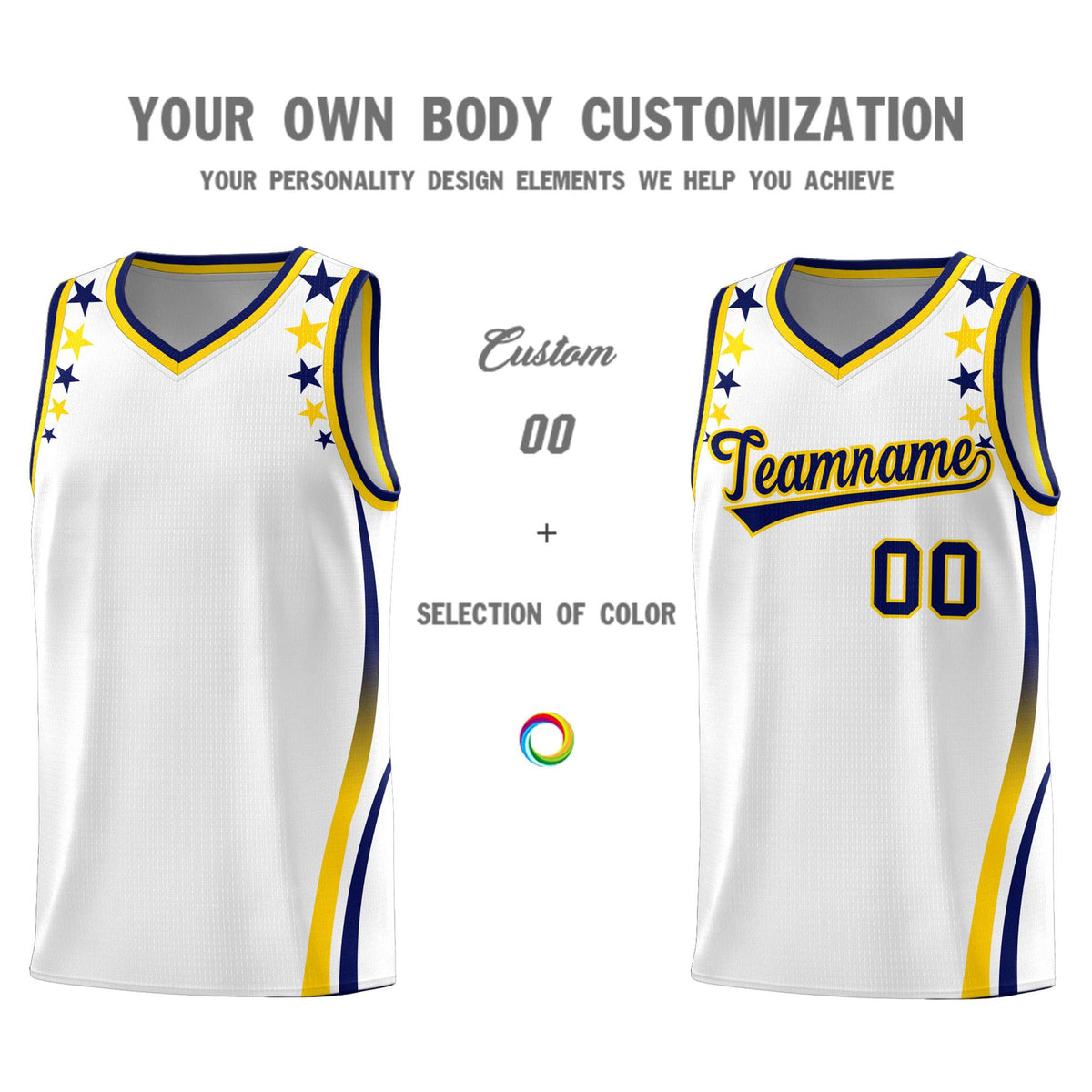 Custom White Shoulders Star Pattern Side Color Block Sports Uniform Basketball Kits