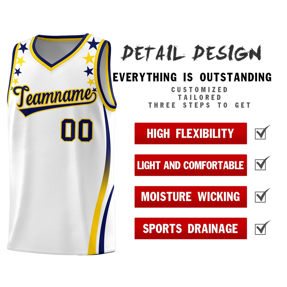 Custom White Shoulders Star Pattern Side Color Block Sports Uniform Basketball Kits