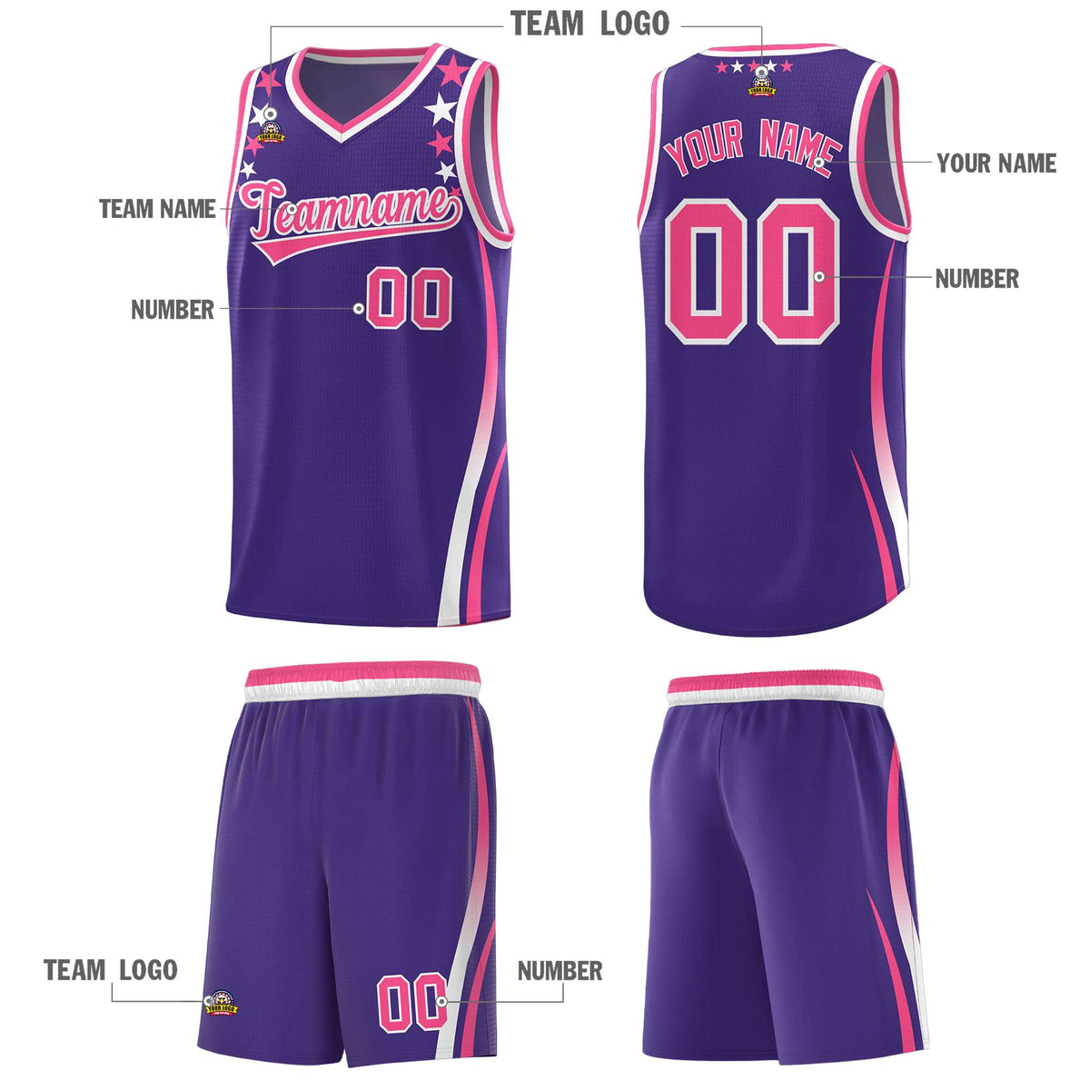 Custom Purple Shoulders Star Pattern Side Color Block Sports Uniform Basketball Kits