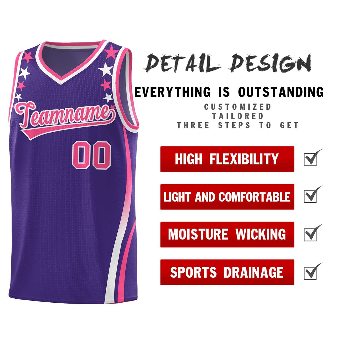 Custom Purple Shoulders Star Pattern Side Color Block Sports Uniform Basketball Kits
