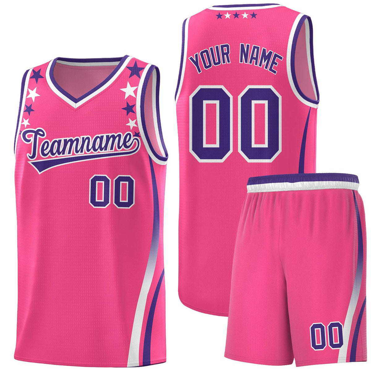 Custom Pink Shoulders Star Pattern Side Color Block Sports Uniform Basketball Kits