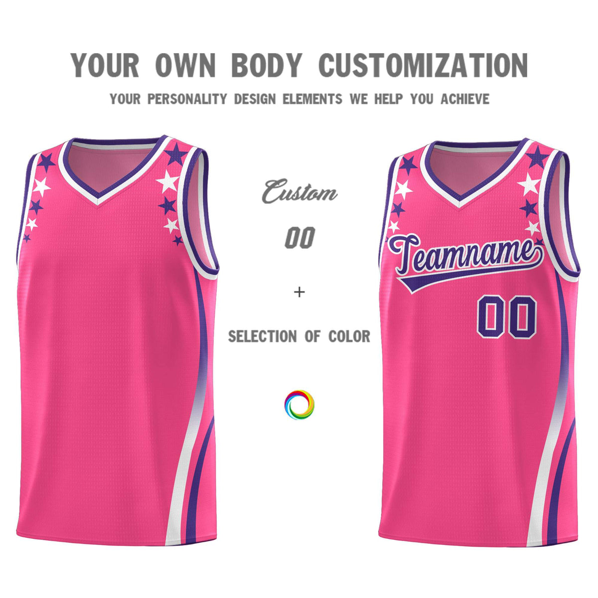Custom Pink Shoulders Star Pattern Side Color Block Sports Uniform Basketball Kits