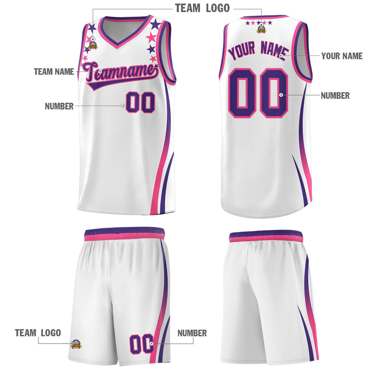 Custom White Shoulders Star Pattern Side Color Block Sports Uniform Basketball Kits