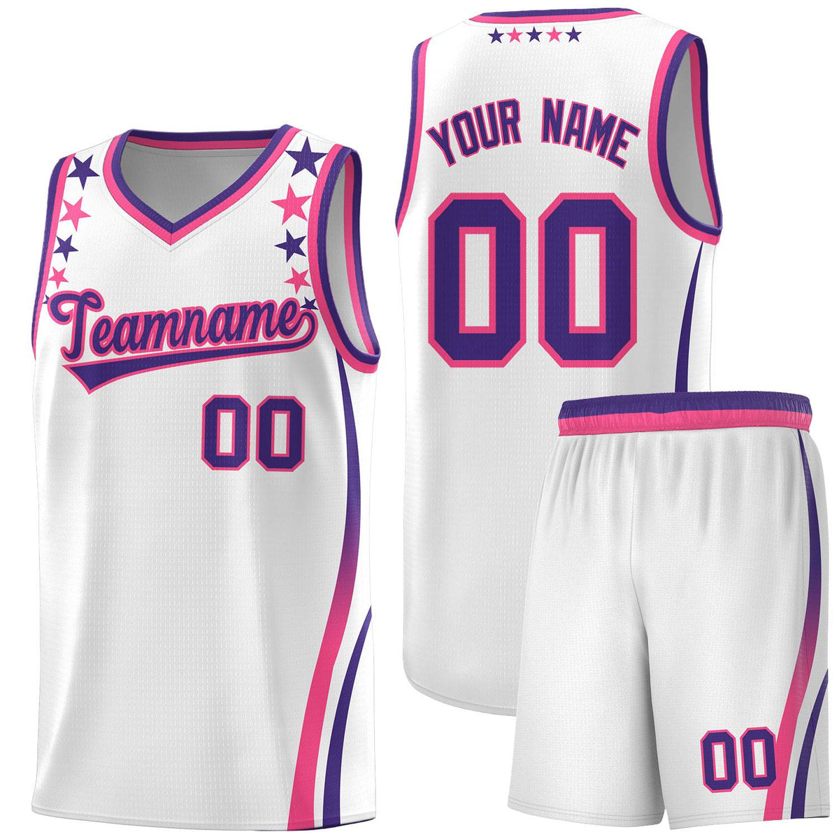 Custom White Shoulders Star Pattern Side Color Block Sports Uniform Basketball Kits