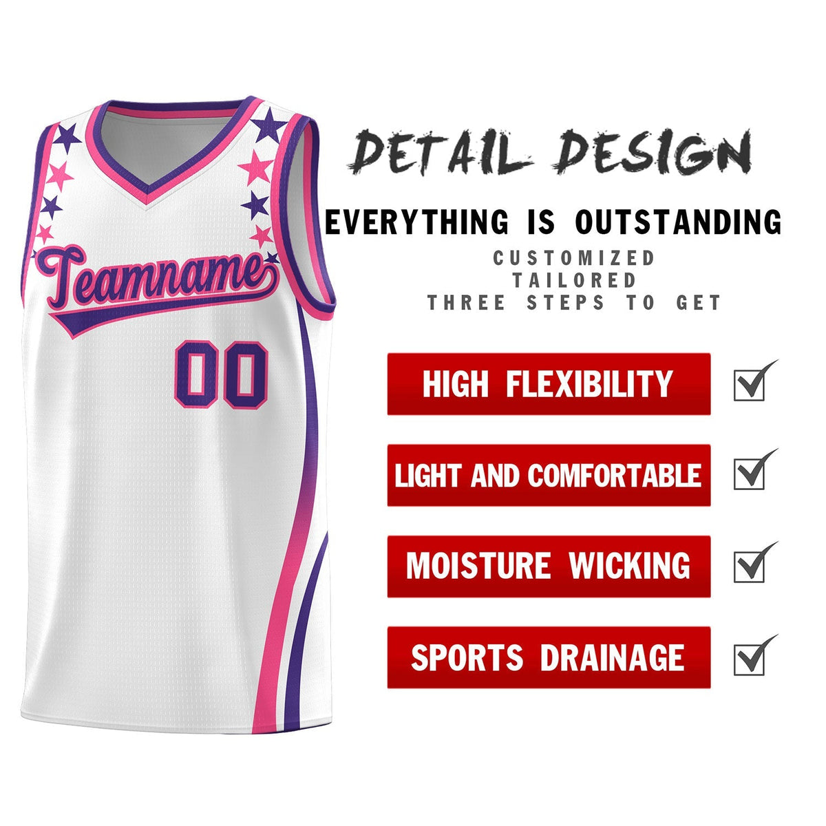 Custom White Shoulders Star Pattern Side Color Block Sports Uniform Basketball Kits