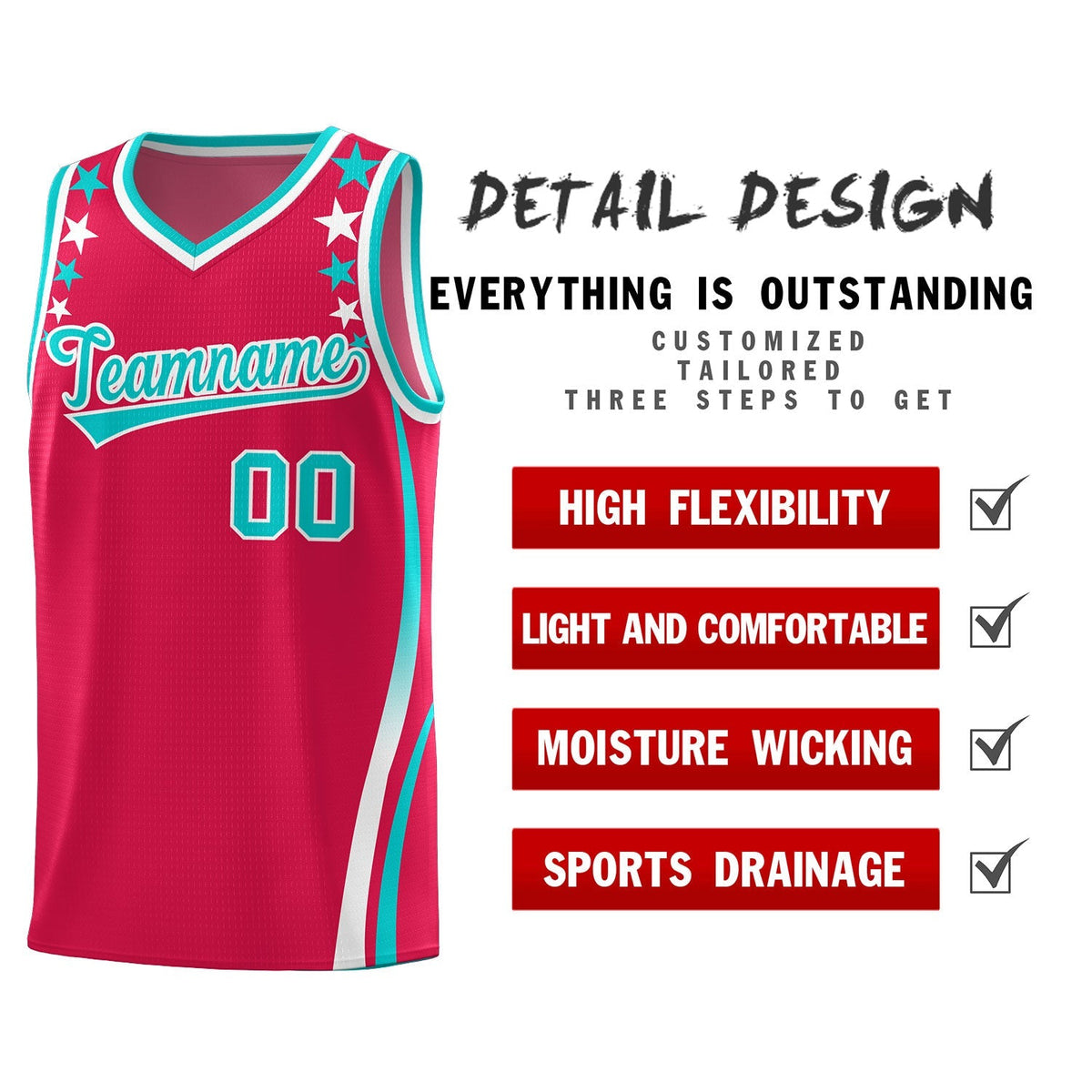 Custom Red Shoulders Star Pattern Side Color Block Sports Uniform Basketball Kits